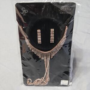 Sophia Collection Rose Gold Rhinestone Fringe Necklace & Earring Set